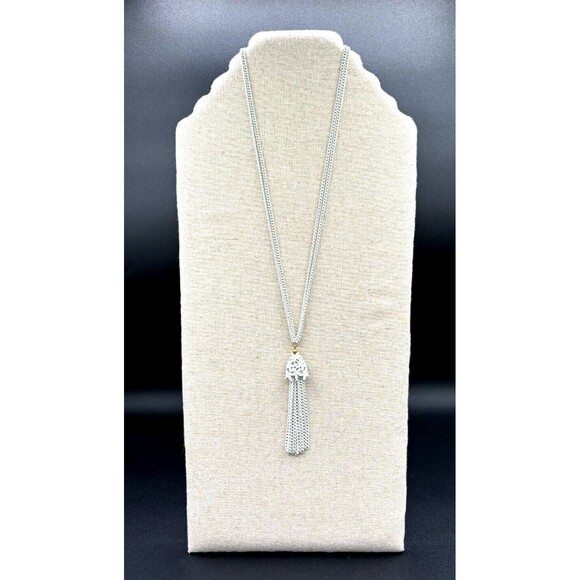 Vintage Monet‎ White Enamel over Metal Chain Necklace with Tassel Signed 24in - Picture 1 of 13